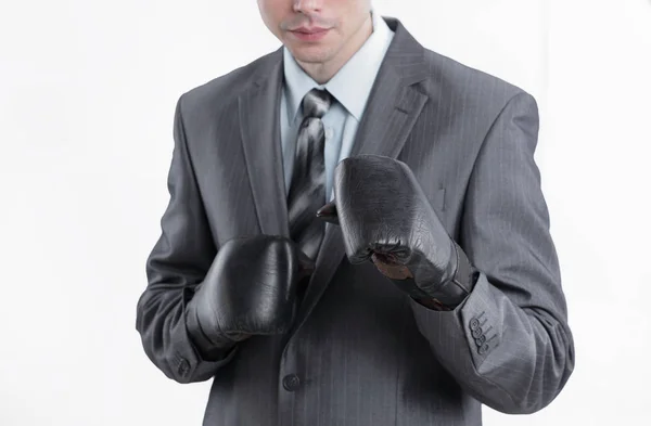 Mladý podnikatel v boxu gloves.isolated na bílém — Stock fotografie