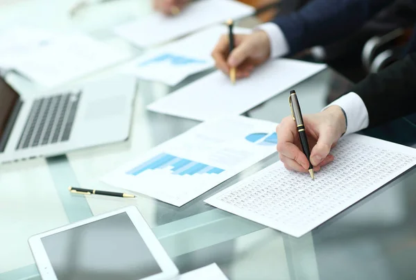 Audit concept at working with plan and analyzing investment charts at workplace — Stock Photo, Image