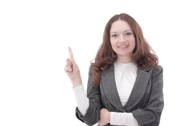 Moderna mujer de negocios apuntando al espacio de copia — Foto de Stock