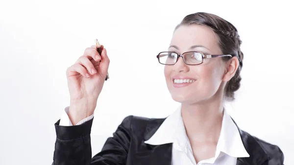 Beautiful business woman showing with pencil on the virtual point. — Stock Photo, Image