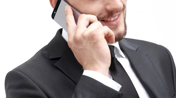 Fecha. empresário falando em um telefone móvel.isolado em branco — Fotografia de Stock