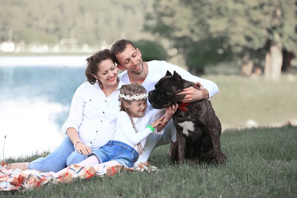 Gelukkige familie met huisdier hond bij de picknick in een zonnige zomerdag. pregn — Stockfoto