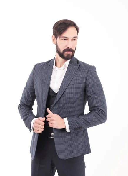 Серйозний бізнесмен в розстібній куртці. ізольований на білому — стокове фото