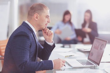 mali çizelgeleri ile dizüstü bilgisayar ekranına bakarak işadamı