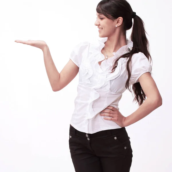 Closeup.young mujer de negocios que apunta al espacio de copia — Foto de Stock