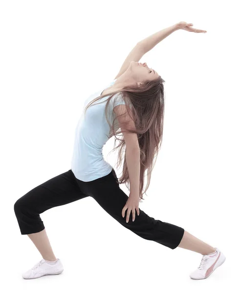 Młoda kobieta lekkoatletycznego wykonuje fitness. na białym tle — Zdjęcie stockowe