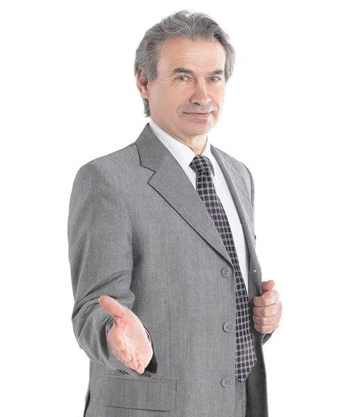 Confident businessman holds out his hand for a handshake .isolated on white background — Stock Photo, Image