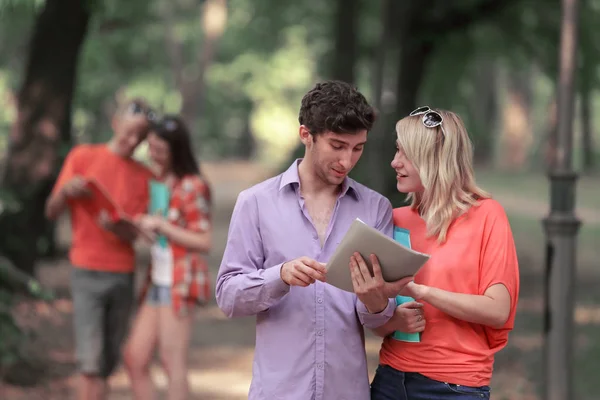 公園に立っている試験問題を議論するクリップボードを持つ学生のカップル — ストック写真