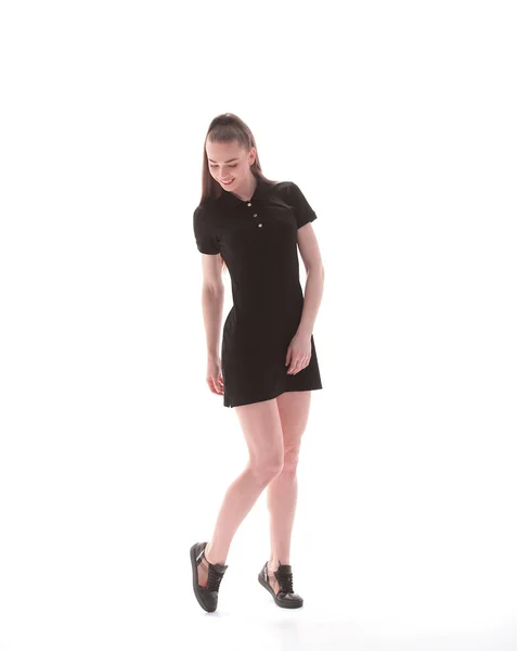 Kısa siyah elbise .isolated beyaz güzel genç kadın — Stok fotoğraf