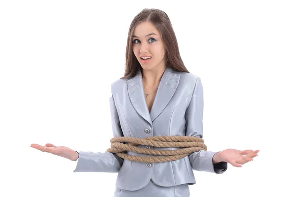 Junge Geschäftsfrau wickelte ein Seil. — Stockfoto