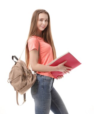 mutlu kız öğrencinin kitap ve sırt çantası .isolated beyaz ile