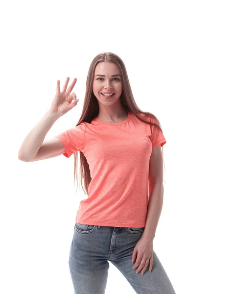 Mujer joven moderna que muestra el OK gesture.isolated en blanco —  Fotos de Stock