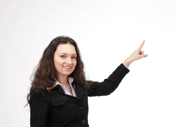 Mulher de negócios de sucesso mostrando no espaço de cópia . — Fotografia de Stock