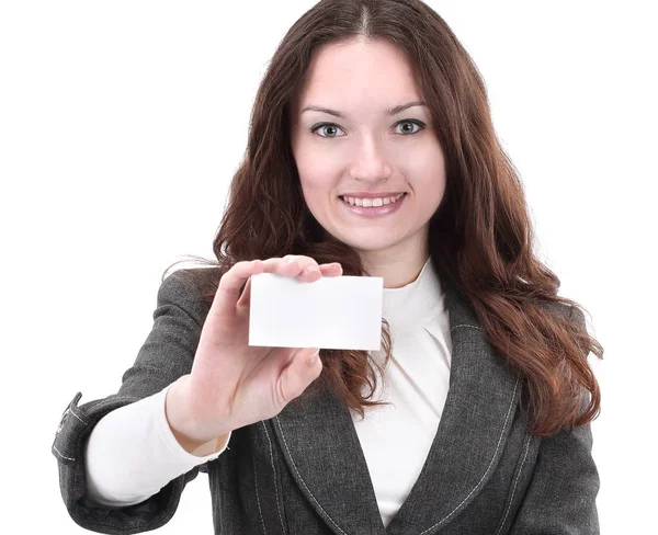 .exitosa mujer de negocios mostrando tarjeta de visita en blanco — Foto de Stock