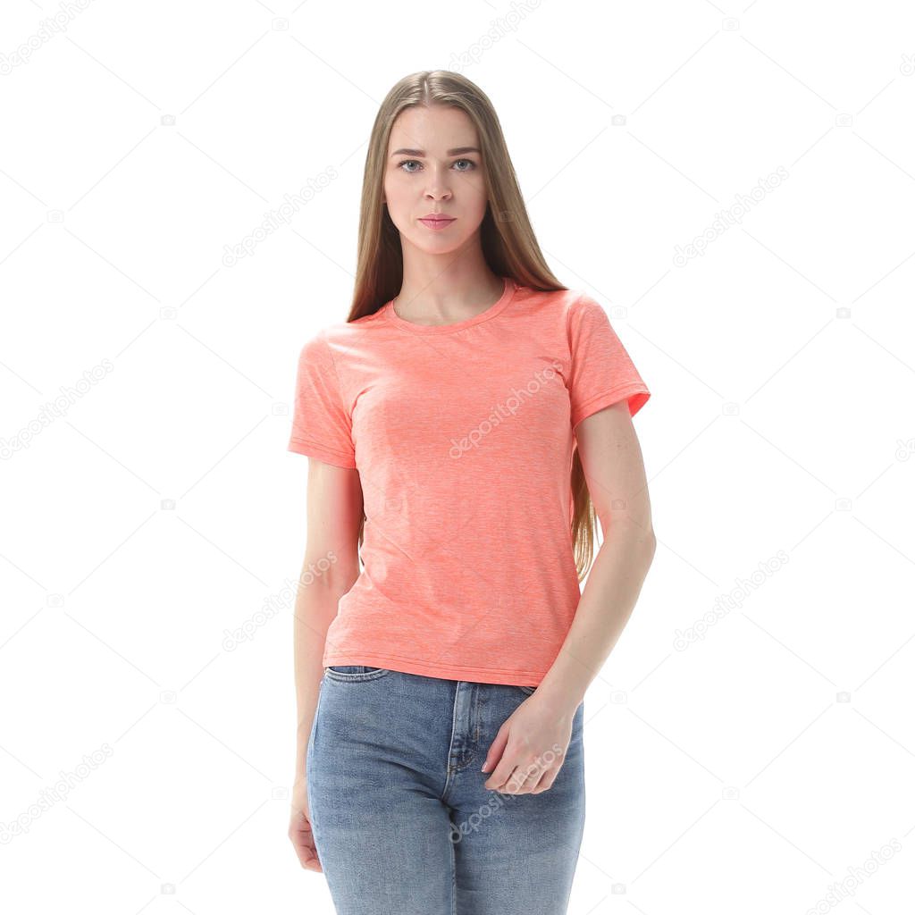 young woman in jeans and t-shirt goes forward.isolated on white