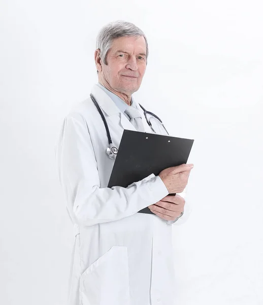 Friendly therapist with documents .isolated on a white background. — Stock Photo, Image