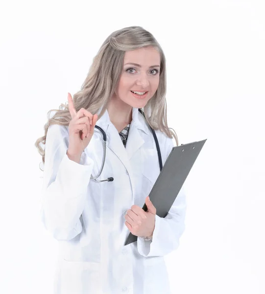 Lekarka, wskazując na .isolated przestrzeni kopia na białym — Zdjęcie stockowe