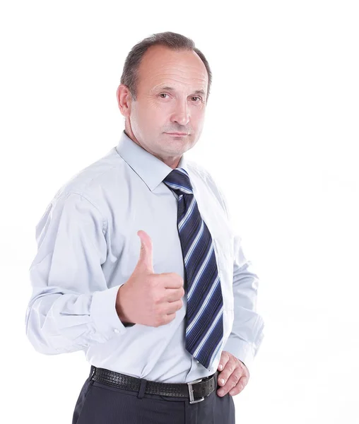 Successful businessman shows his thumb up. isolated on white — Stock Photo, Image