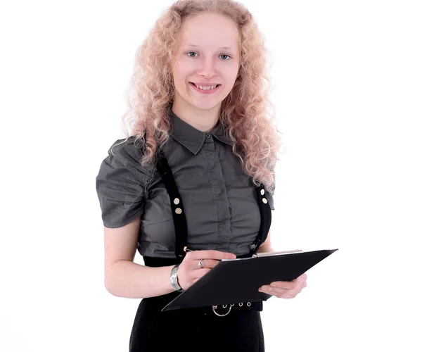 Mladá žena asistent s dokumenty. .Isolated na bílém — Stock fotografie