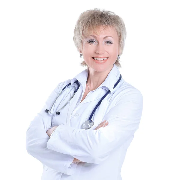 Portrait of woman practicing physician.isolated on white — Stock Photo, Image