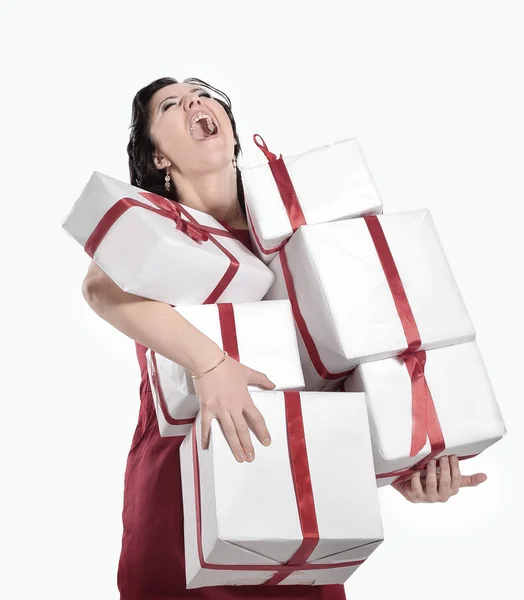 Hermosa joven con cajas de regalo.foto con espacio de copia — Foto de Stock