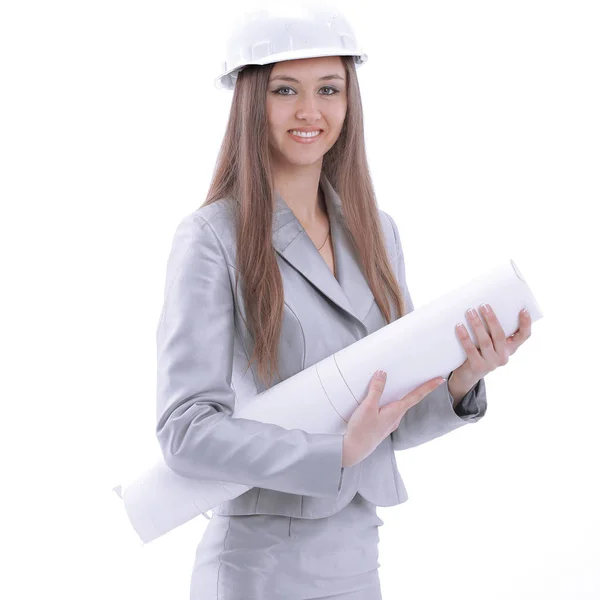Young woman architect with drawings.isolated on white — Stock Photo, Image