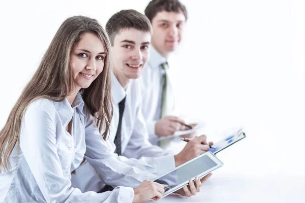 Successful business team with digital tablet and financial charts for the workplace in the office — Stock Photo, Image