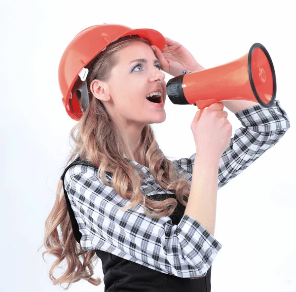 Jonge vrouw ingenieur met een megafoon .isolated op wit — Stockfoto