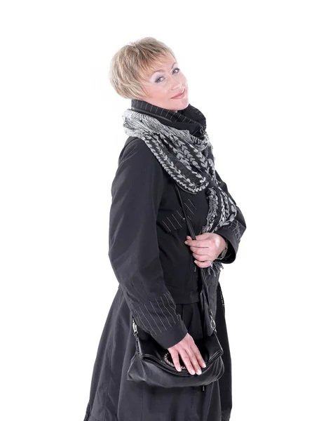 Fashionable woman in a black coat and scarf.isolated on white. — Stock Photo, Image