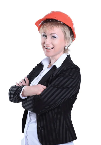 Uśmiecha się kobieta architekt w orange helmet.isolated biały — Zdjęcie stockowe