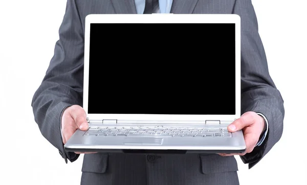 Менеджер, що показує відкритий ноутбук . isolated на білому — стокове фото