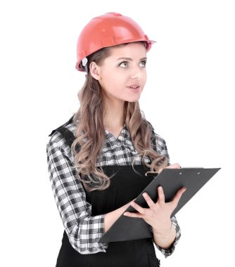 Genç kadın mühendis belgesi .isolated beyaz üzerine imzaladı