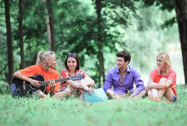 Skupina studentů zpívat písně sedí na trávníku v city parku — Stock fotografie