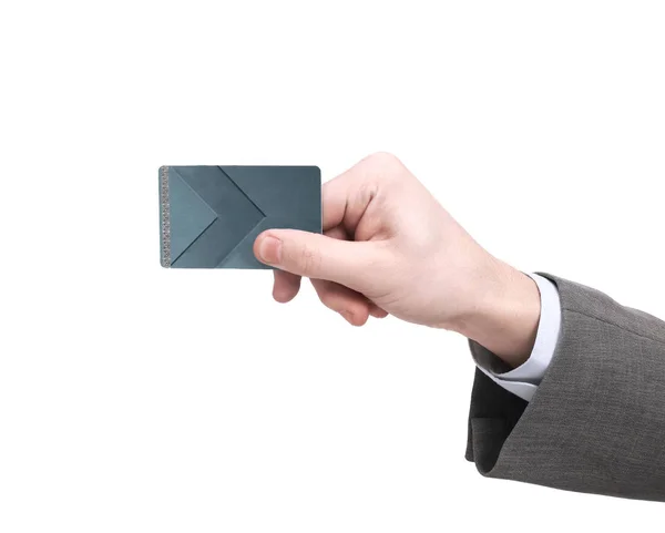 手拿着空白信用卡。塑料银行卡设计模拟 — 图库照片