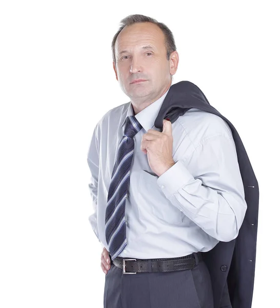 Kendine güvenen işadamı bir ceket omzunun üzerinden holding — Stok fotoğraf
