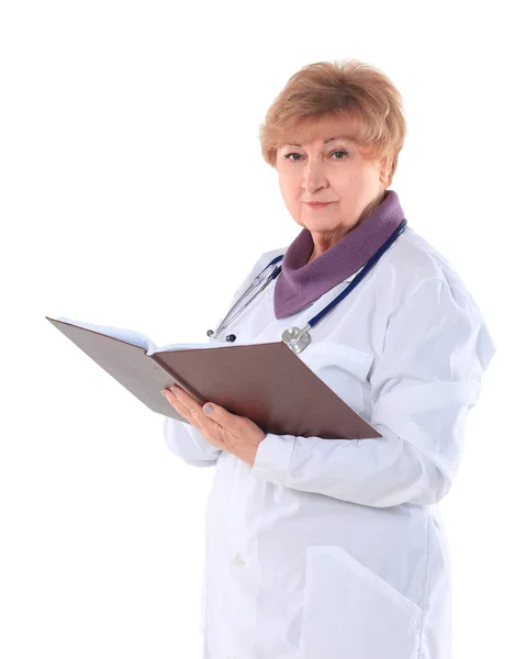 Experienced female pediatrician doctor with clipboard.isolated on white background — Stock Photo, Image