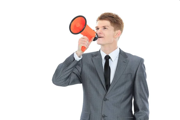 Young businessman with a megaphone.isolated on a white — Stock Photo, Image