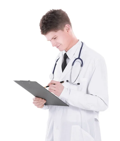 Médico pediatra com documentos.isolated em um fundo branco — Fotografia de Stock