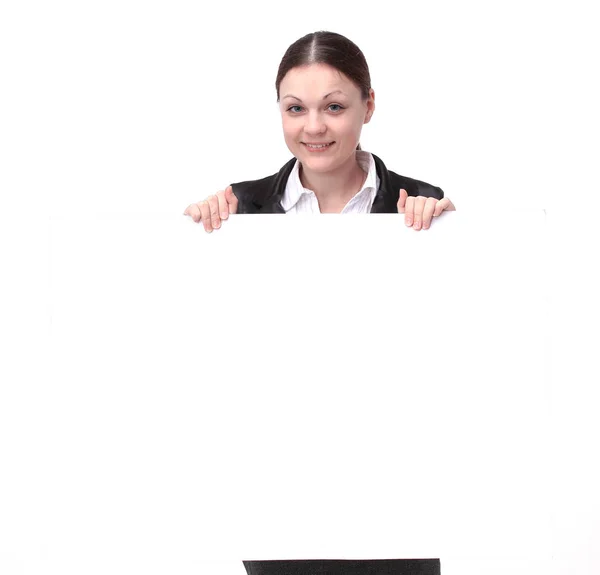 Young woman employee of the company holding a blank banner — Stock Photo, Image