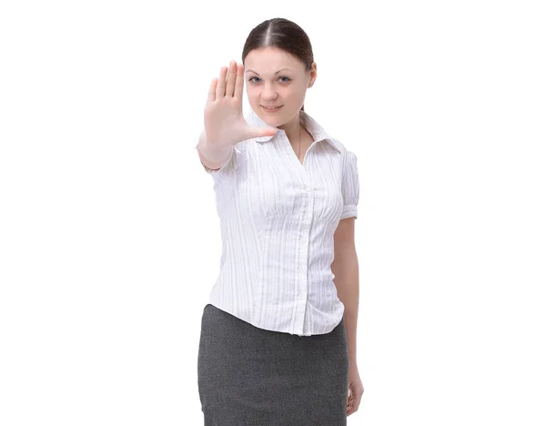 Молода жінка-член персоналу, що показує знак зупинки. ізольовані на білому фоні — стокове фото