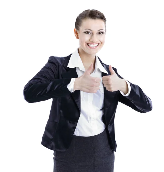 Sonriente mujer de negocios mostrando pulgares hacia arriba.aislado en un blanco —  Fotos de Stock