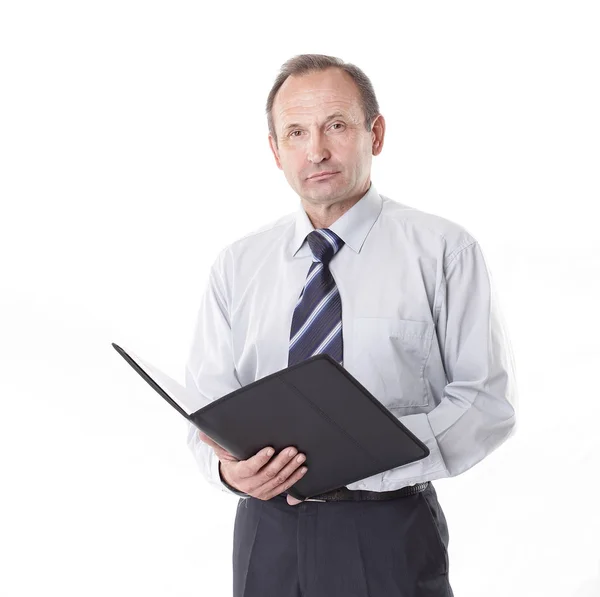 Serio uomo d'affari con un clipboard.isolated su bianco — Foto Stock