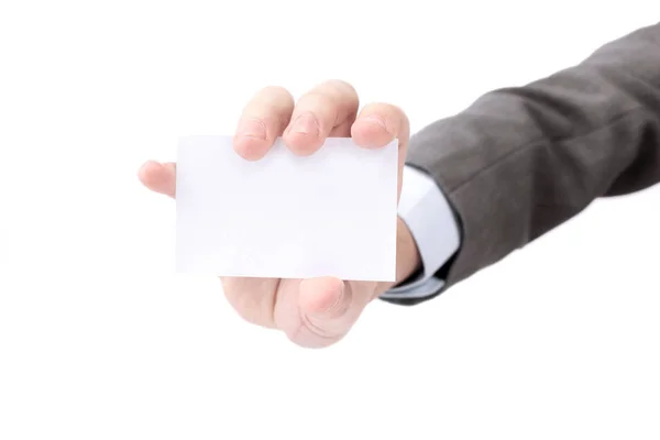 Uomo d'affari che mostra una carta di credito vuota.Plastica layout delle carte di credito — Foto Stock