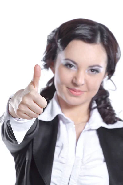 Close up.successful business woman showing thumb up.isolated on white — Stock Photo, Image