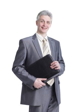 Belgelerle Executive iş adamı. Beyaz arka plan üzerinde izole