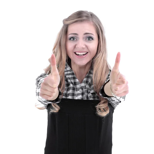 Joven mujer de negocios mostrando el pulgar hacia arriba. aislado en blanco — Foto de Stock