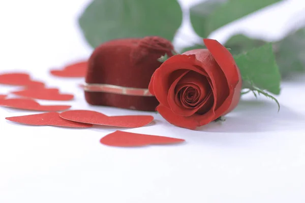 Prsten v červené krabici s červenou růží na bílém pozadí — Stock fotografie