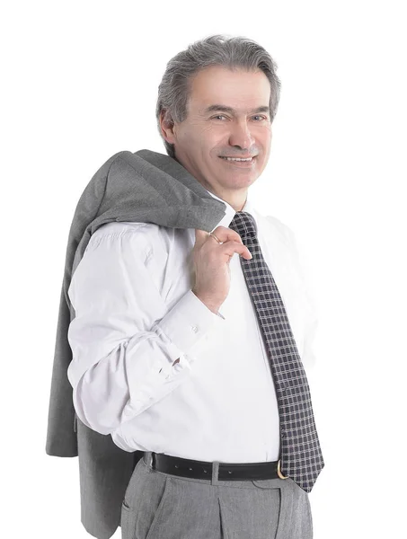 白い背景の上の彼の肩 .isolated にジャケットを持って自信を持っての実業家 — ストック写真