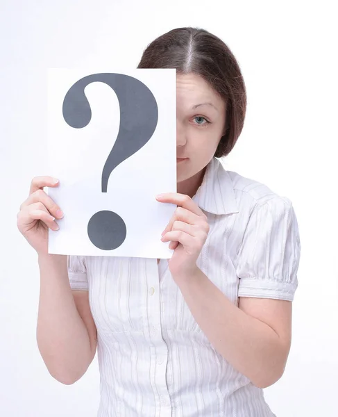 Modern young woman showing a question mark — Stock Photo, Image