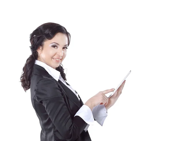 Zakenvrouw Met Hand Computer Tablet Geïsoleerde Een Witte Achtergrond — Stockfoto
